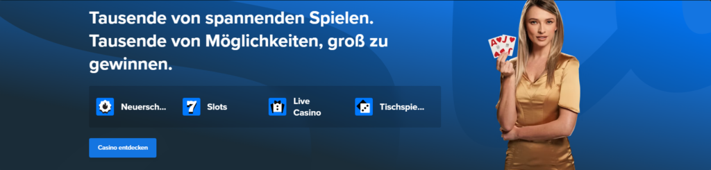 Beschreibung des Angebots von Stake Casino wie Slots Live Casino und Frau mit Karten